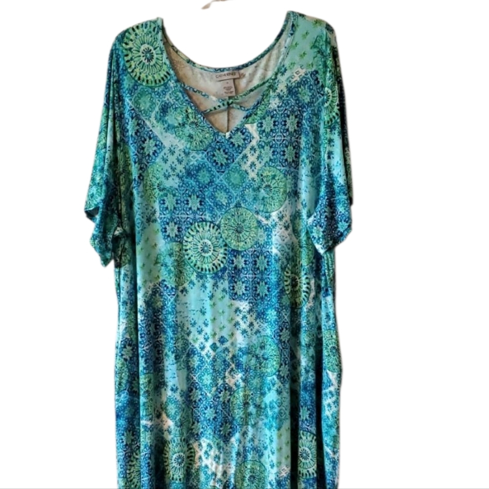 Catherines 3X Dress NWOT with Pockets Blue & Green Stretchy